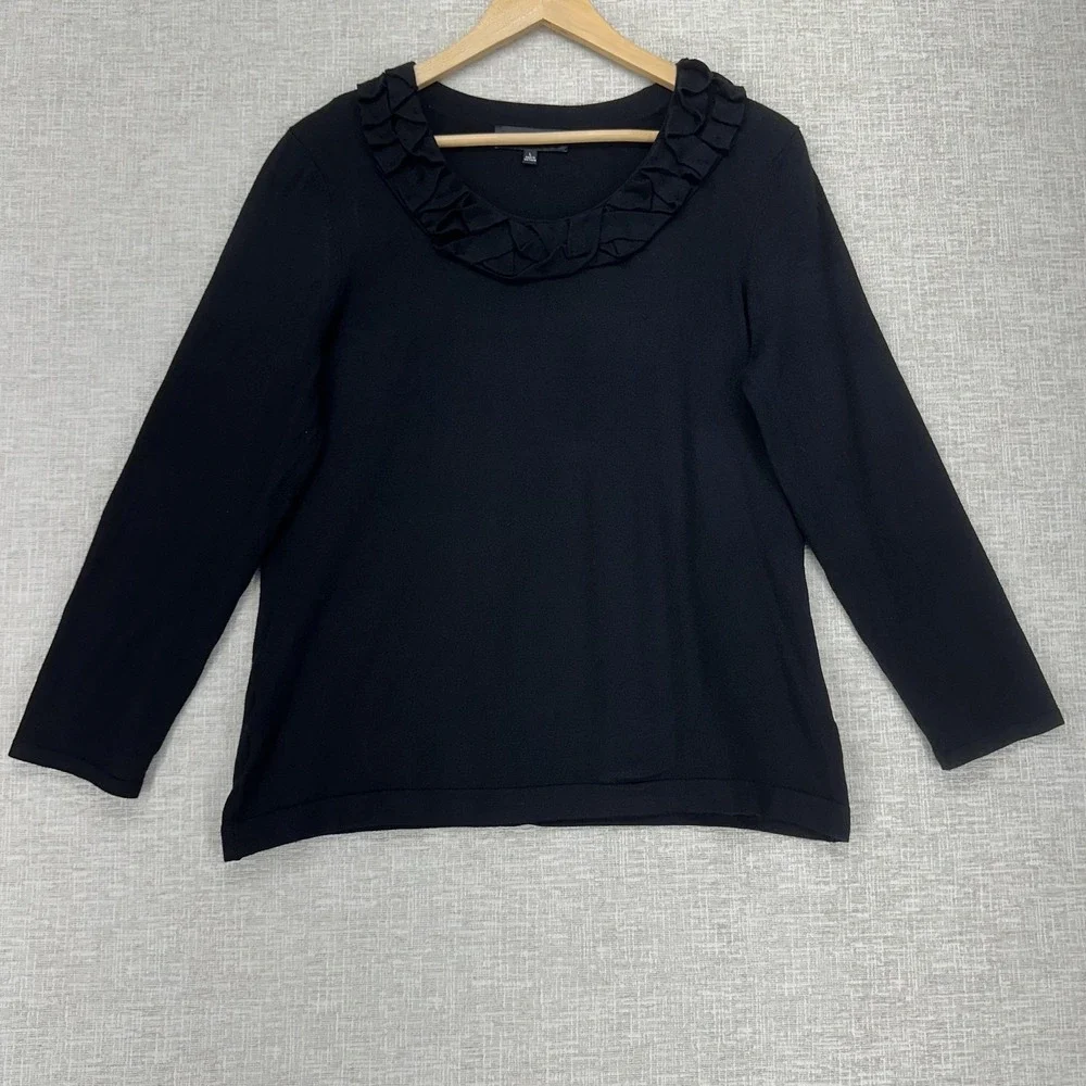 Jones Wear Sweater Womens Large Black Ruffle Neck Knit Pullover Long Sleeve - Picture 1 of 11